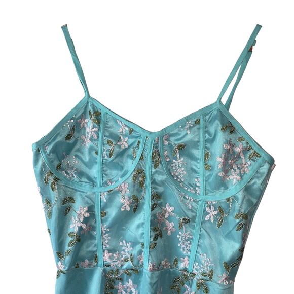 Aqua Floral Embroidered Midi Dress S Fairy Whimsical Coquette Feminine Ethereal - Picture 2 of 8